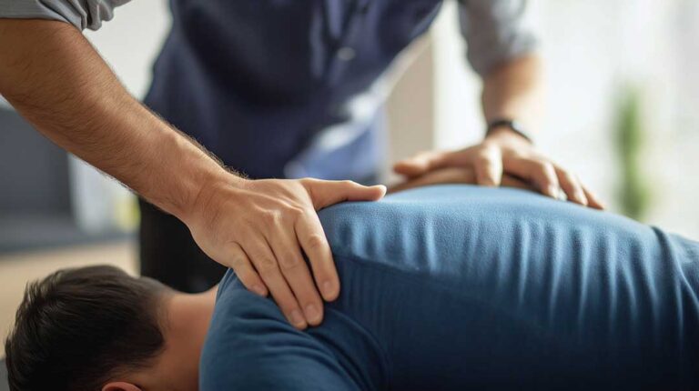 Person doing gentle stretching beside a chair with a heating pad and pain journal nearby