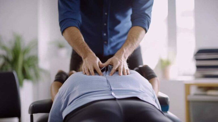 Clinician examining a patient’s spinal posture and movement in a quiet examination room.